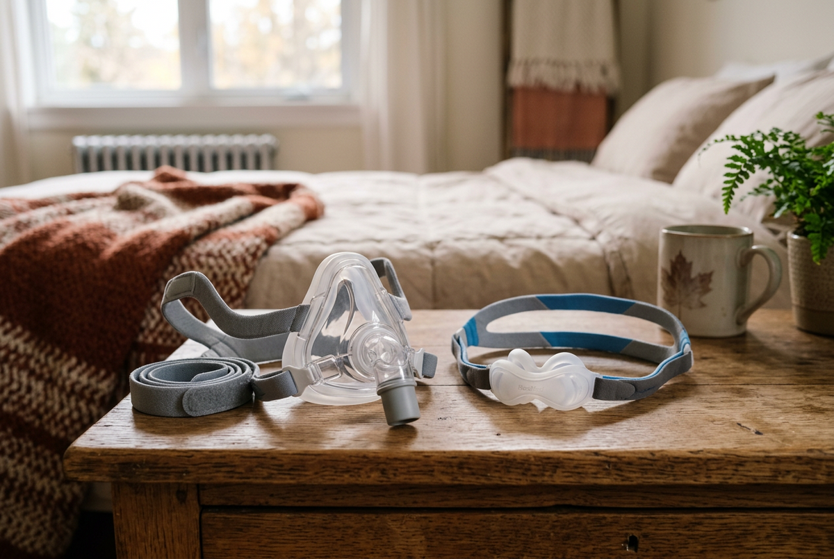 Nasal CPAP mask and nasal pillow mask side by side on a bedroom nightstand