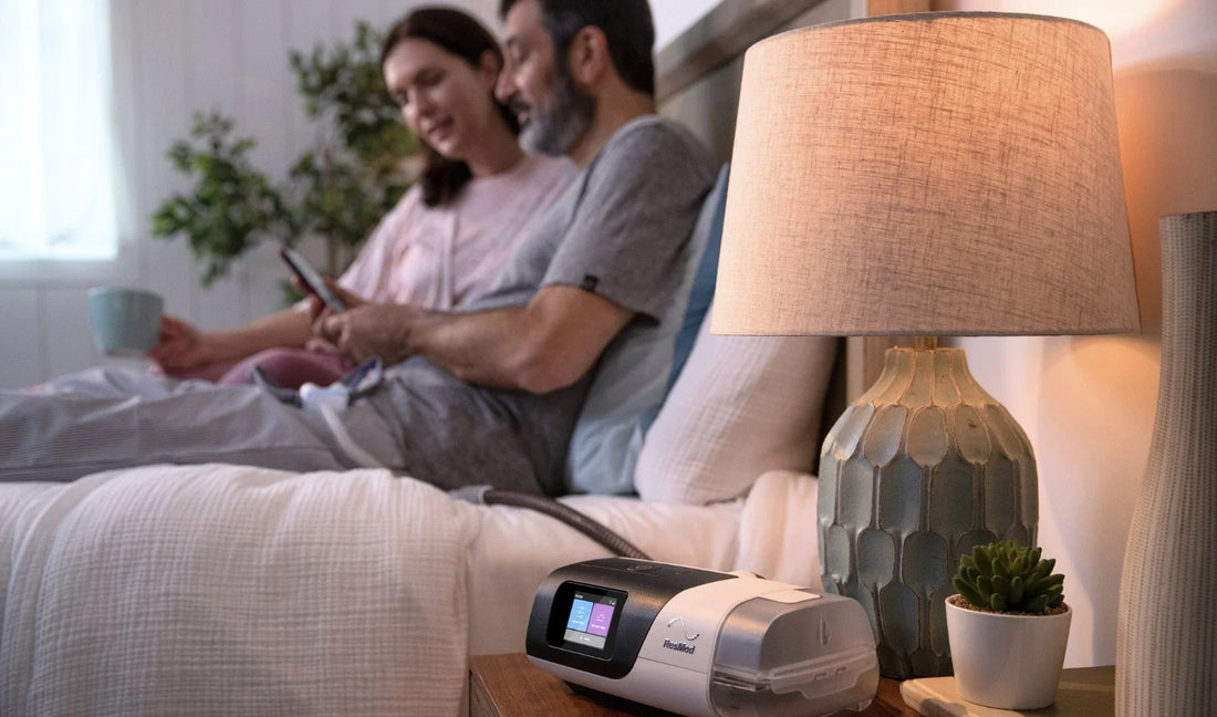People Sitting on bed and using cpap machine