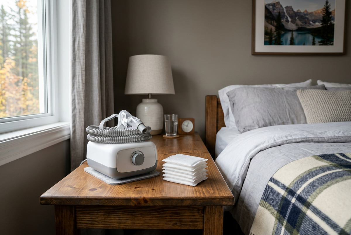 White disposable CPAP filters beside a CPAP machine on a bedroom nightstand
