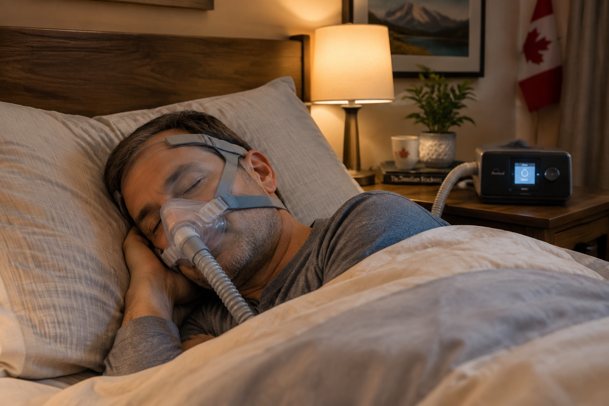 Person sleeping comfortably with a BiPAP mask in a Canadian bedroom setting