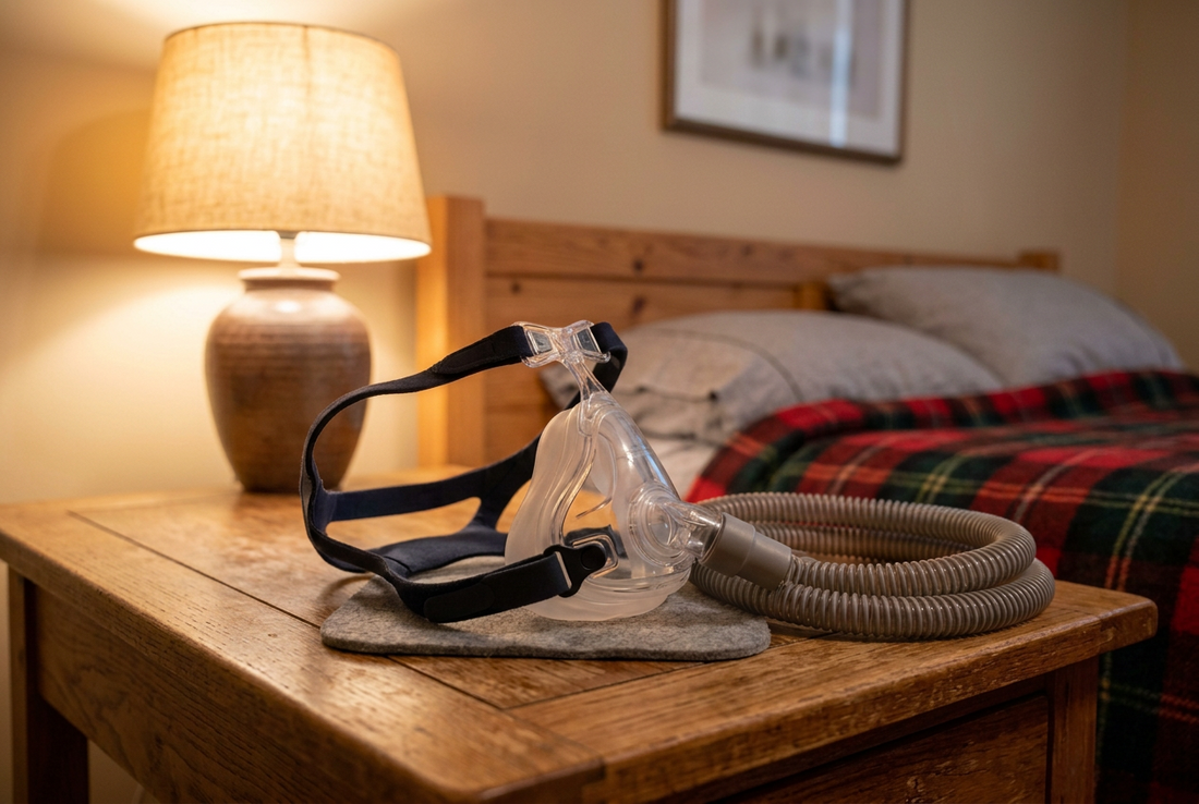 Full-face CPAP mask with headgear clips and tubing on a bedroom nightstand
